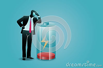 Vector illustration of business concept, tired businessman lean at low battery Vector Illustration