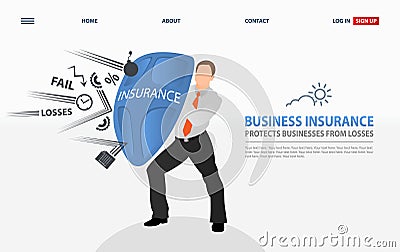 Vector illustration business Insurance concept. Businessman holds a big shield and reflects his problems. Protects business from Vector Illustration