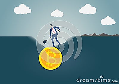 Vector illustration of business man digging and discovering Bitcoin gold coin. Concept for bitcoin mining and generation Vector Illustration