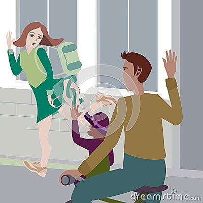 Vector illustration business mother says goodbye to her daughter and her husband riding a bike Vector Illustration