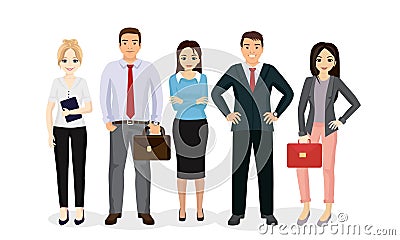 Vector illustration business people team. Happy and smile businessmen and businesswomen stand together in flat cartoon Vector Illustration