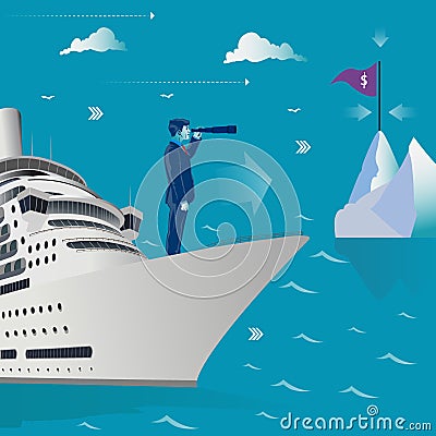 Businessman with telescope on ship. Goal search. Business concept vector illustration Vector Illustration