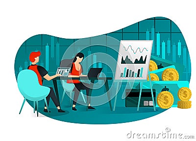 Vector illustration of business, target, web, UI, element. people in meeting discus sale, and company finance. entrepreneurs looki Vector Illustration