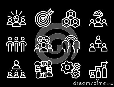 Vector illustration business team building people concept teambuilding work management outline trainings icons. Vector Illustration