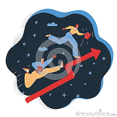 Vector illustration of Business team running on red arrow. Business concept on dark backround. Vector Illustration