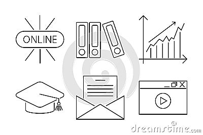 Vector illustration business webinar and online education outline internet trainings icons. Vector Illustration