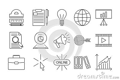 Vector illustration business webinar and online education outline internet trainings icons. Vector Illustration