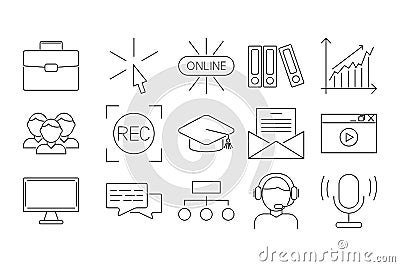 Vector illustration business webinar and online education outline internet trainings icons. Vector Illustration