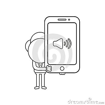 Vector illustration of businessman character holding smartphone with sound symbol. Black outline Vector Illustration