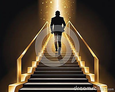 Vector illustration of a businessman climbing a golden stairs on a dark background. Cartoon Illustration