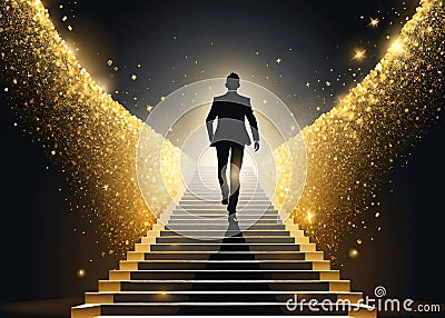 Vector illustration of a businessman climbing a golden stairs on a dark background. Cartoon Illustration
