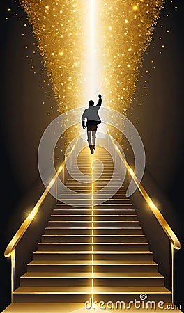 Vector illustration of a businessman climbing a golden stairs on a dark background. Cartoon Illustration