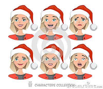 Women in Santa hat with different emotions Vector Illustration