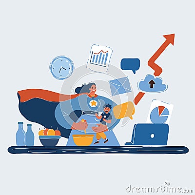 Vector illustration of Busy mother with baby, multitask working remotely, cooking. Motherhood superhero. Vector Illustration