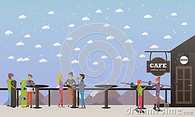 Vector illustration of cafe on mountain and visitors, flat style Vector Illustration