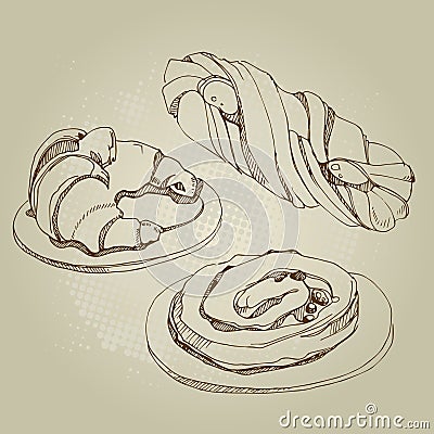 Vector illustration of cakes, roll. Cartoon Illustration