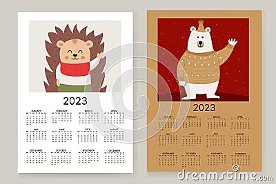 Vector illustration of the calendar year 2023. The week starts on Sunday. With a picture of a bear and a cute hedgehog Vector Illustration