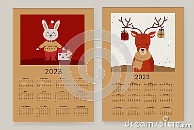 Vector illustration of the calendar year 2023. The week starts on Sunday. With a picture of a rabbit, hare and deer Vector Illustration