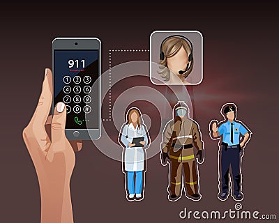 Vector illustration of calling 911. Doctor, firefighter, policeman. Emergency concept Vector Illustration