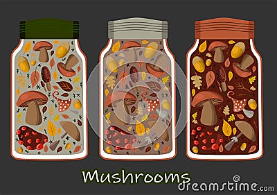 Vector illustration canned food set, collection. Tomato soup, chicken soup, sweet peas, golden corn and mushrooms. Metal tin can Cartoon Illustration