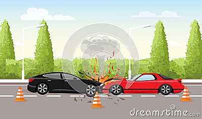 Vector illustration of car accident on the road. Two cars crash, car accident concept in flat style. Vector Illustration