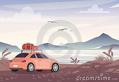 Vector illustration of car with travel bags near lake and mountains. Road trip, vacation concept in flat style. Vector Illustration