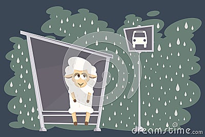 Vector illustration. Card with baby lamb waiting for the bus. Vector Illustration