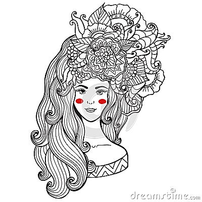 Vector illustration card beauty and fashion. Girl with flowers on her head. Zentangl, dudling. Adult coloring books. Vector Illustration