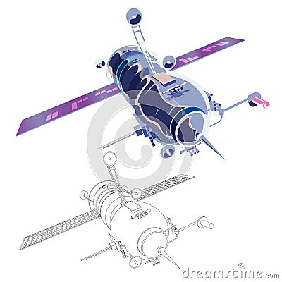 Vector illustration card with spaceship satellite and coloring. Space history program, human exploration of near space Vector Illustration