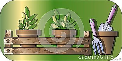 Card with spring seedlings in pots Vector Illustration