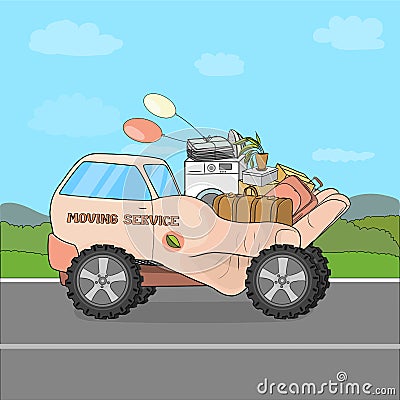 Vector illustration of a caring, nurturing moving to a new location on the hand-truck. Vector Illustration