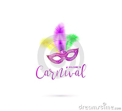 Vector illustration of carnival card with mask and text sign welcome to Vector Illustration