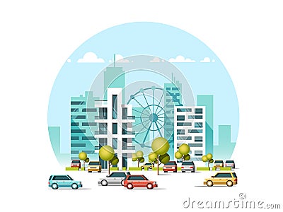 Vector illustration of cars parking along the street. Traffic in downtown. City skyscrapers building skyline. Vector Illustration