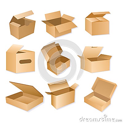 Vector illustration of carton packaging box. Realistic brown cardboard delivery packages isolated on white background. Vector Illustration