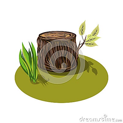 Vector Illustration of a cartoon big tree stump with bench, leaves and some blades of grass. Tree Stump Vector Illustration
