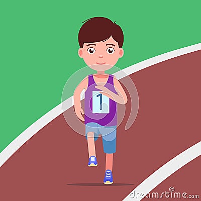 Cartoon boy running a marathon in a stadium Vector Illustration