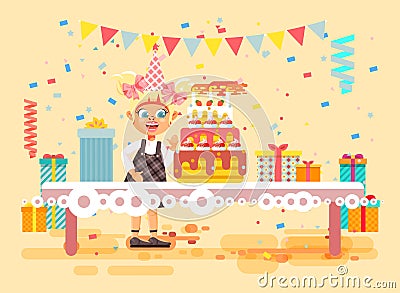 Vector illustration cartoon character child lonely blonde girl celebrate happy birthday, congratulating give gifts, huge Vector Illustration