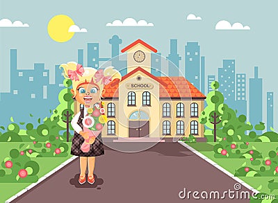 Vector illustration cartoon character child lonely girl blonde schoolgirl, pupil, student standing with bouquet flowers Vector Illustration