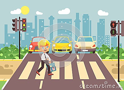 Vector illustration cartoon character child, observance traffic rules, lonely blonde boy schoolchild schoolboy go to Vector Illustration