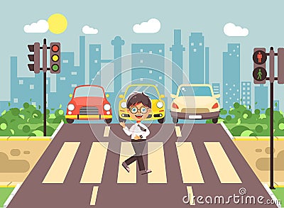 Vector illustration cartoon character child, observance traffic rules, lonely brunette boy schoolchild schoolboy go to Vector Illustration