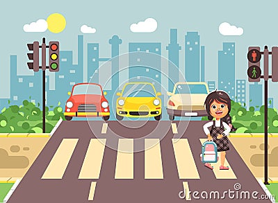 Vector illustration cartoon character child, observance traffic rules, lonely brunette girl schoolchild schoolgirl go to Vector Illustration