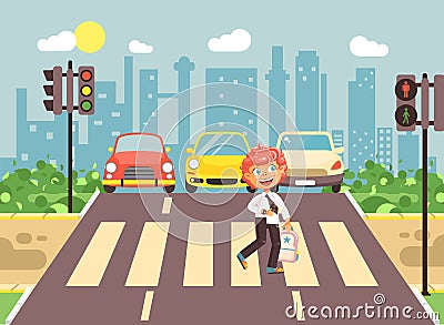 Vector illustration cartoon character child, observance traffic rules, lonely redhead boy schoolchild schoolboy go to Vector Illustration