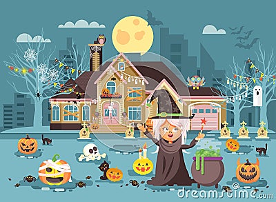 Vector illustration cartoon character child Trick-or-Treat, girl costumes, fancy dresses witch conjures cauldron Vector Illustration