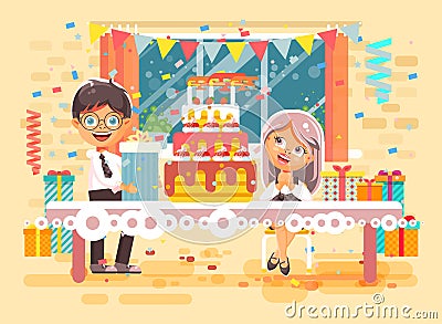 Vector illustration cartoon character children, friends, pupils boy and girl celebrate happy birthday congratulating Vector Illustration