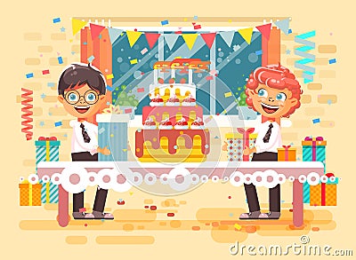 Vector illustration cartoon character children two friends boys celebrate happy birthday, congratulating give gifts Vector Illustration