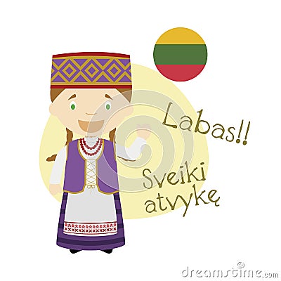 Vector illustration of cartoon character saying hello and welcome in Lithuanian Vector Illustration