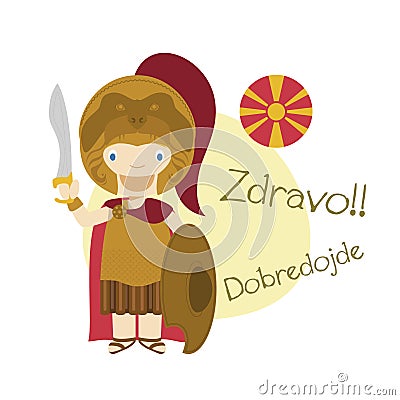 Vector illustration of cartoon character saying hello and welcome in Macedonian. Vector Illustration