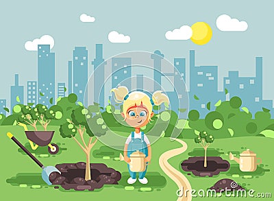 Vector illustration cartoon characters of child little blonde girl in denim overall with two tails planting in garden Vector Illustration