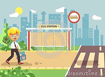 Vector illustration cartoon characters child, observance traffic rules, lonely blonde boy schoolchild, pupil go to road Vector Illustration