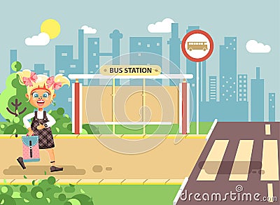 Vector illustration cartoon characters child, observance traffic rules, lonely blonde girl schoolchild, pupil go to road Vector Illustration